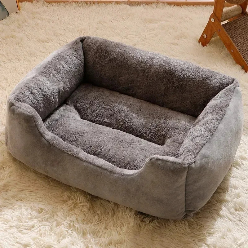 Gray pet bed on a fluffy white carpet
