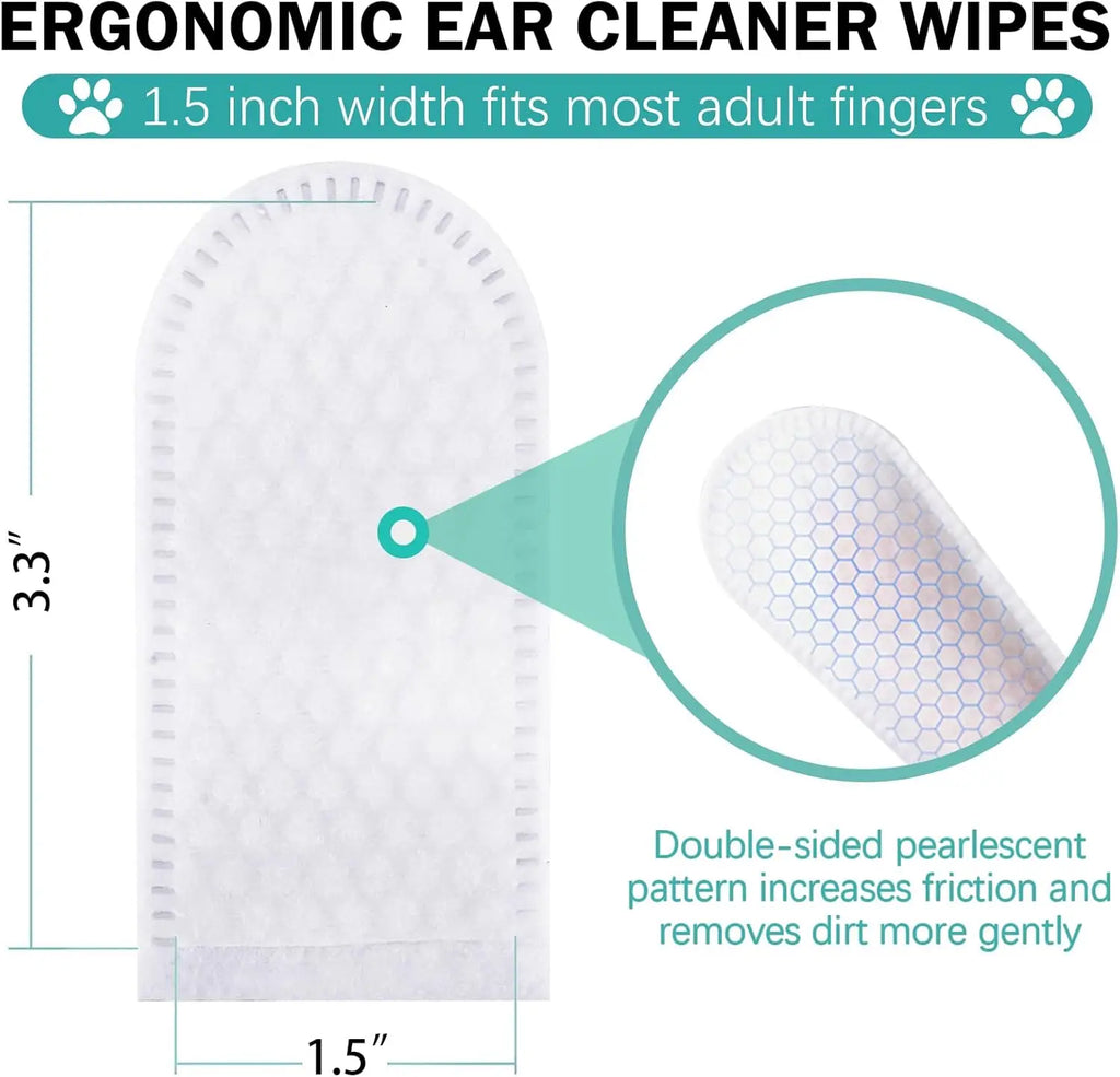 Ergonomic ear cleaner wipes with measurements and design details on a white background