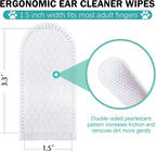 Ergonomic ear cleaner wipes with measurements and design details on a white background