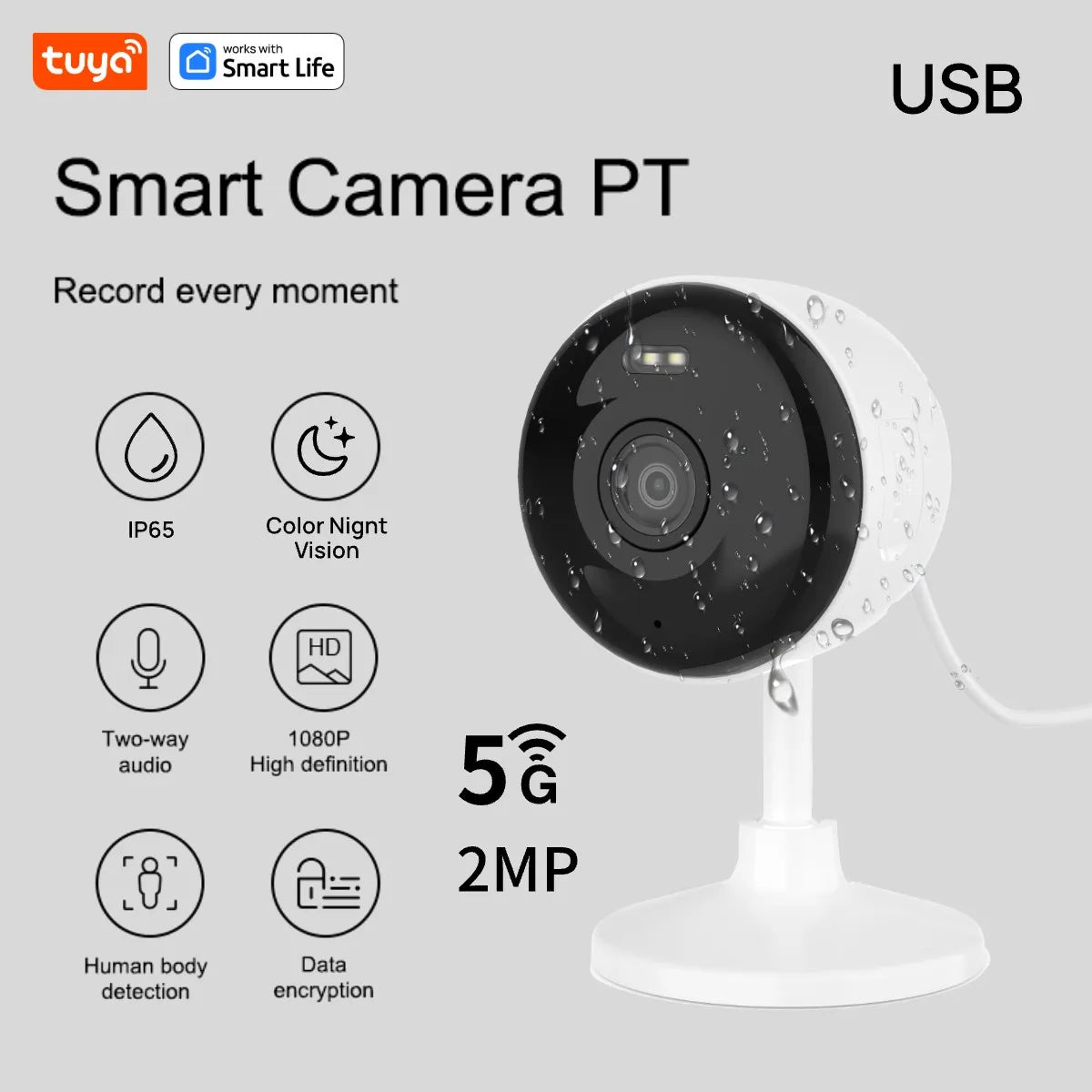 Smart camera PT with features listed on a gray background