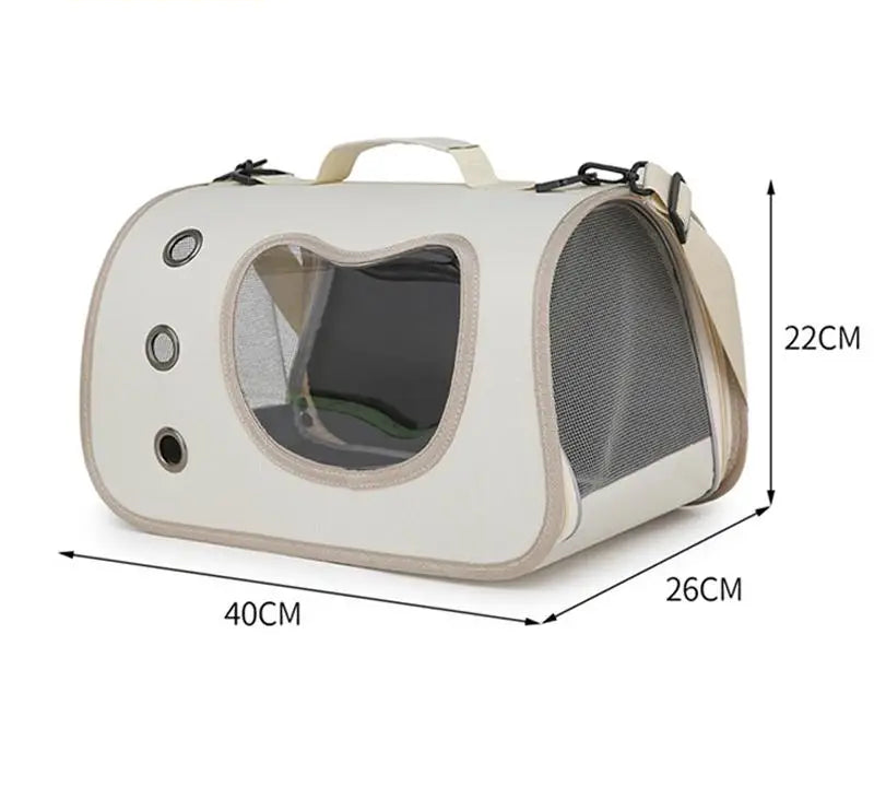 Pet carrier with dimensions labeled on a white background, featuring the HOMEFISH brand.