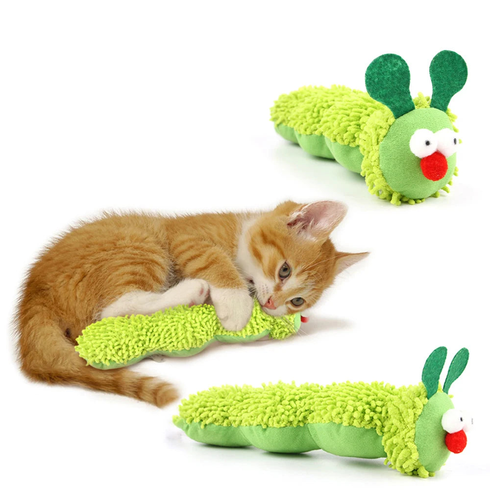 Green caterpillar-shaped cat toy with a kitten playing with it on a white background