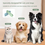 Three dogs and a cat sitting together with text indicating suitability for all varieties and sizes of pets.