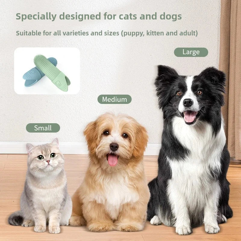 Three dogs and a cat sitting together with text indicating suitability for all varieties and sizes of pets.