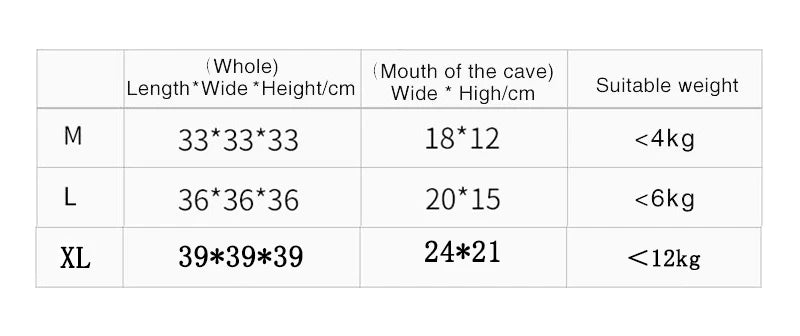 Table showing dimensions and suitable weight for different sizes of a product.