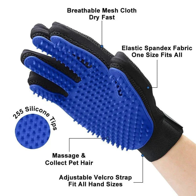 Blue grooming glove with black text detailing features on a white background