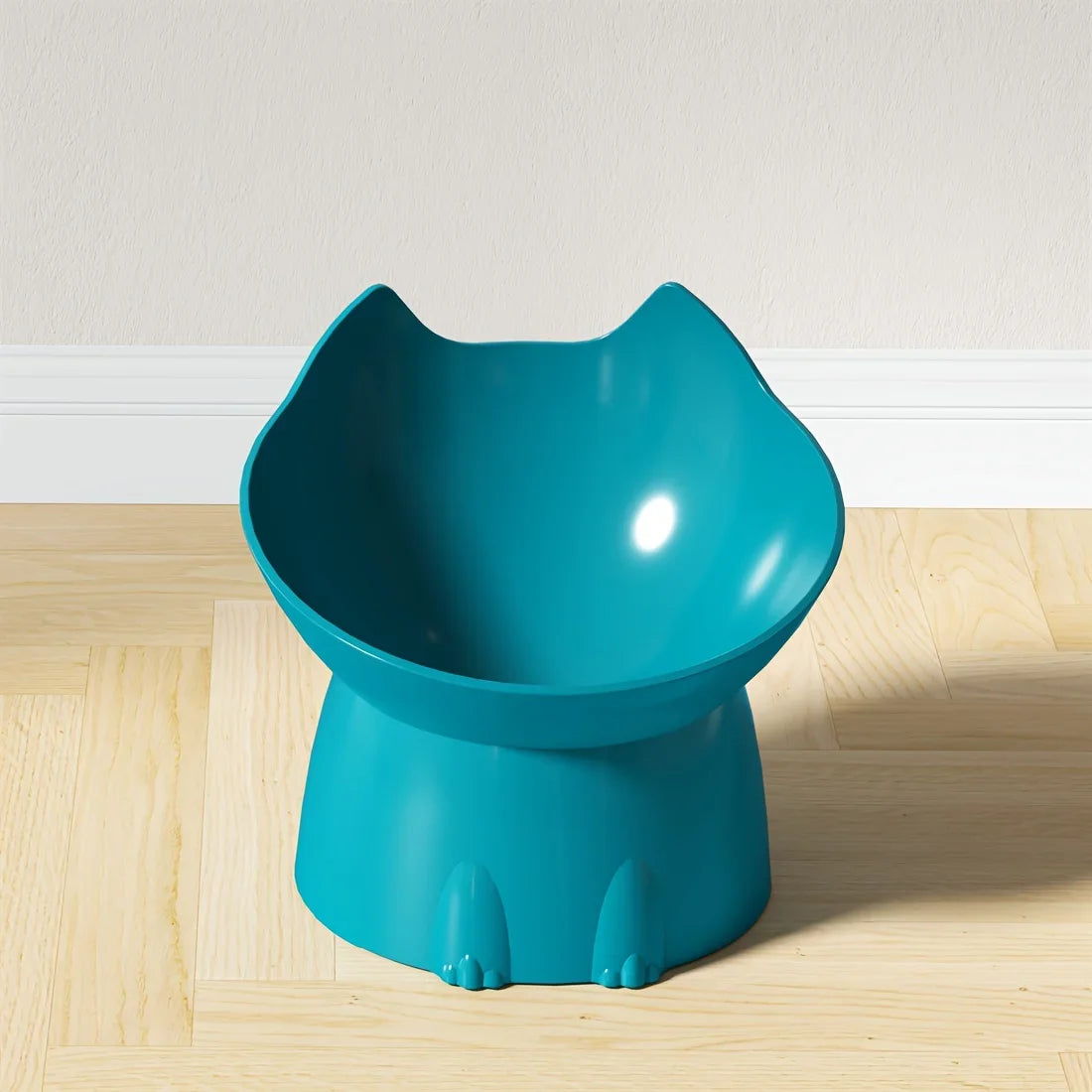 Blue cat-shaped chair on a wooden floor