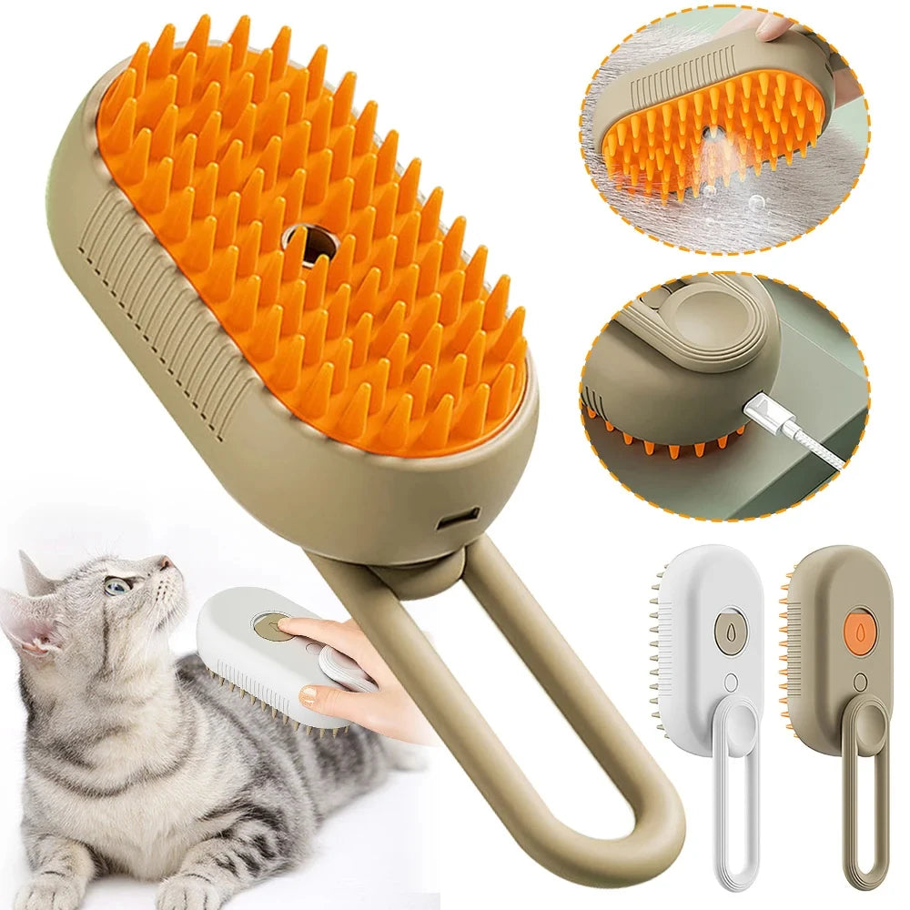 Pet grooming brush with orange bristles and beige handle, shown with a cat and close-up details.