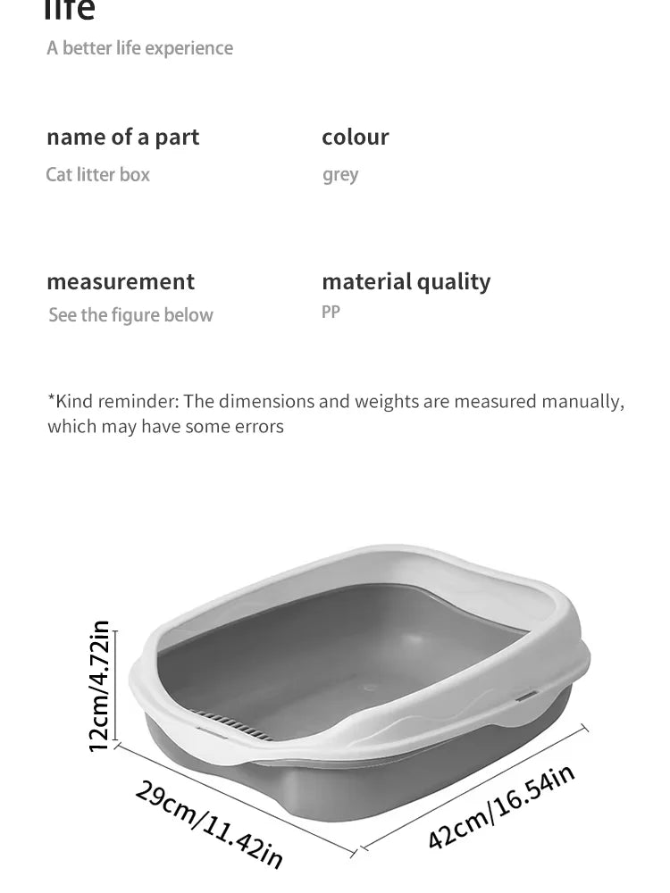 Cat litter box with dimensions and material quality details on a white background