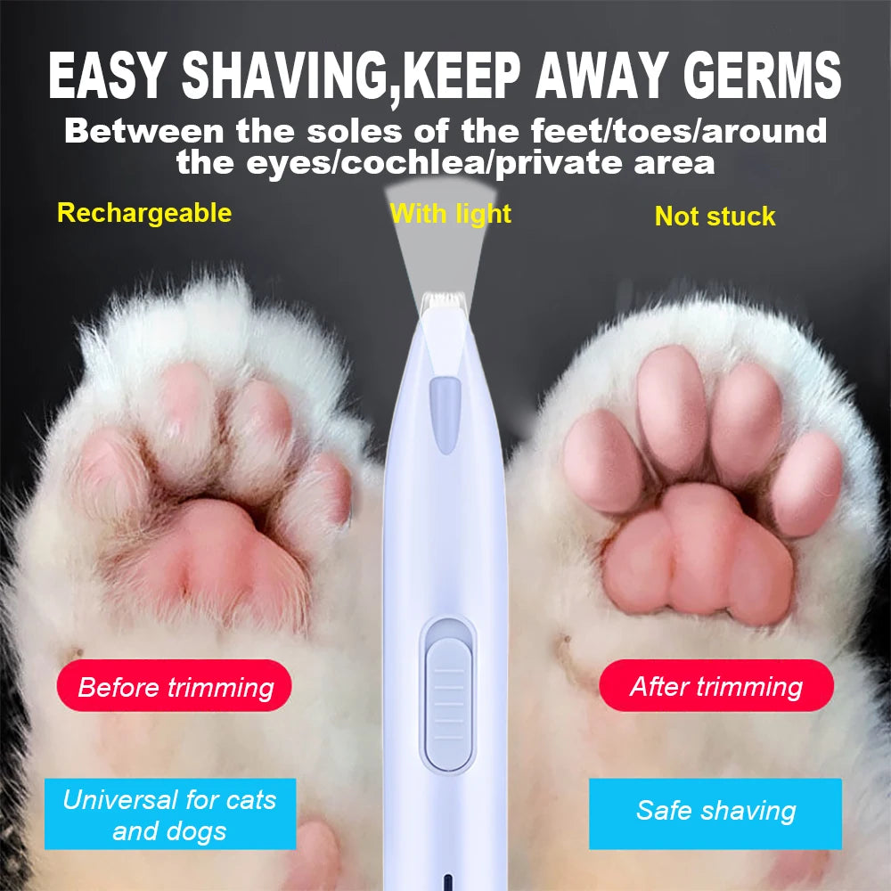 Pet grooming tool with before and after images of a paw, highlighting features like rechargeability and safety.