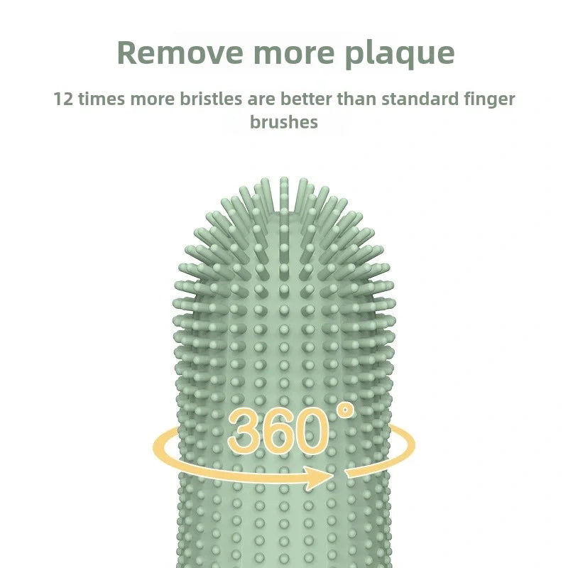 Green finger brush with bristles and text indicating superior plaque removal and 360-degree design.