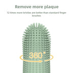 Green finger brush with bristles and text indicating superior plaque removal and 360-degree design.