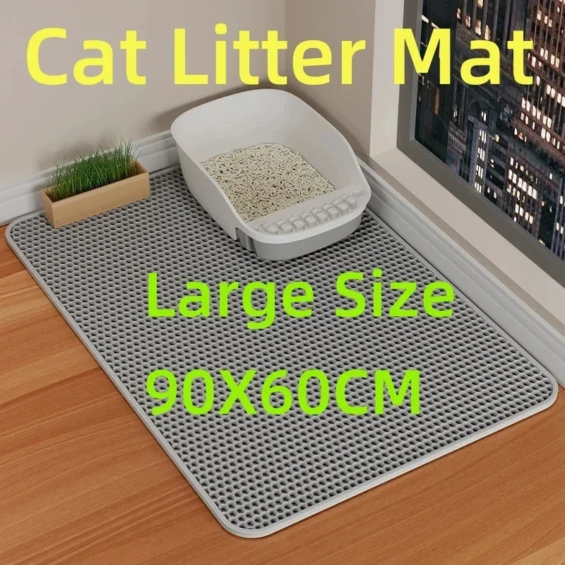 Cat litter mat with a cat litter box on top, placed on a wooden floor.