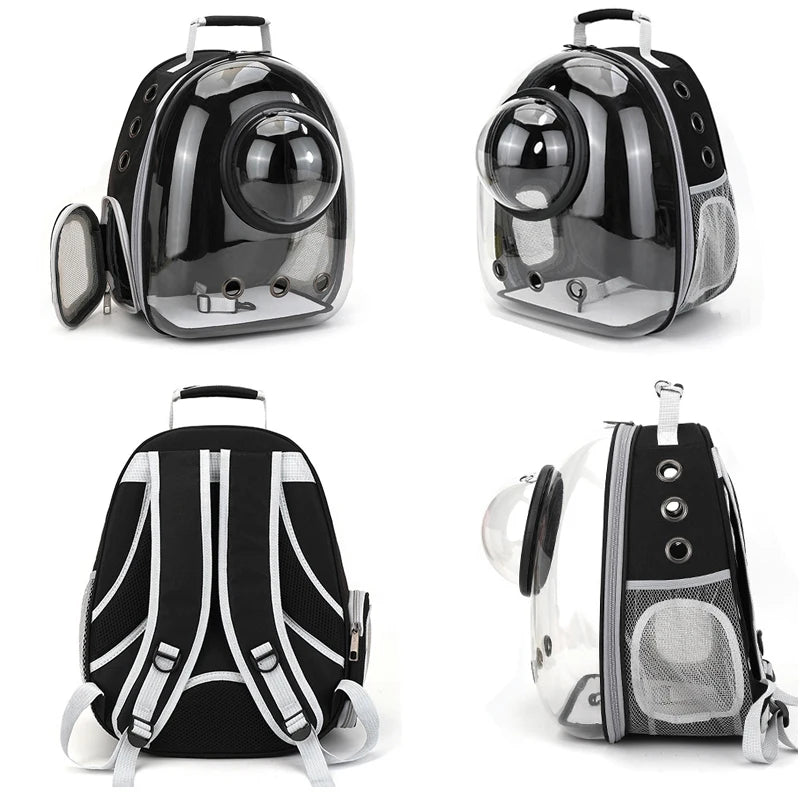 Black and clear pet carrier backpack shown from multiple angles on a white background