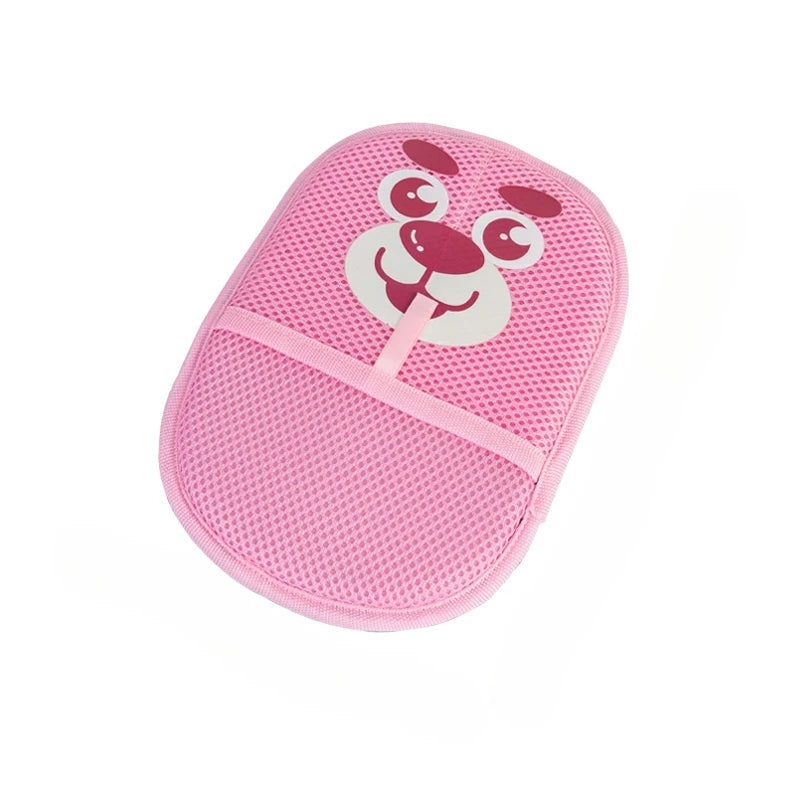 Pink mesh pouch with a cartoon bear face on a white background