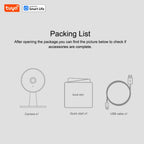 Packing list for a product with Tuya Smart Life branding, showing camera, quick start guide, and USB cable.