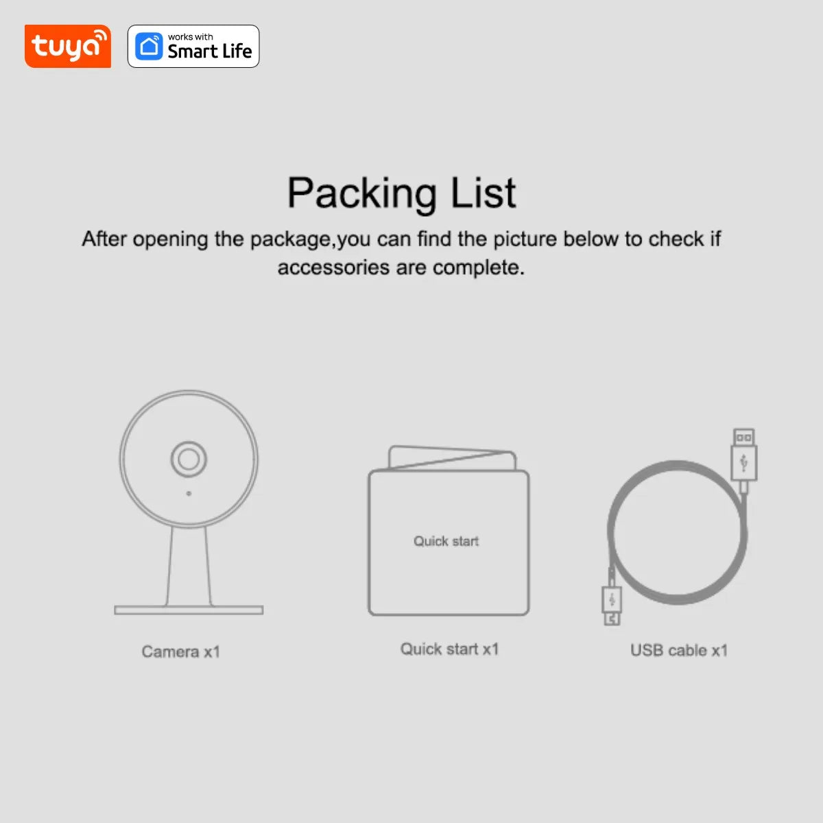 Packing list for a product with Tuya Smart Life branding, showing camera, quick start guide, and USB cable.
