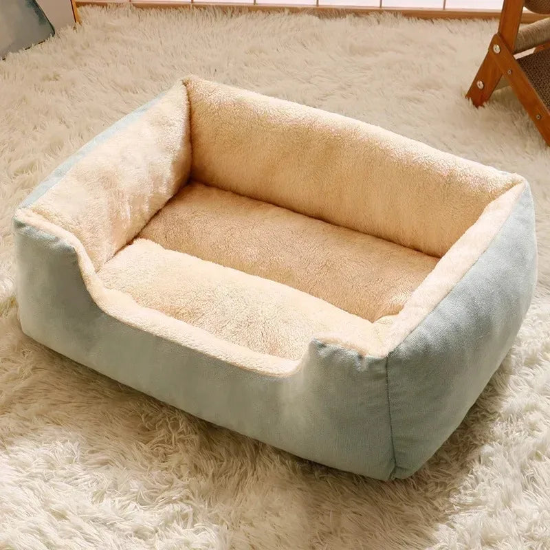 Pet bed with light blue and beige sides on a fluffy white carpet