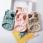 Three pet coats in green, pink, and beige on a magazine with a pineapple image.