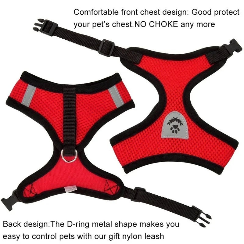 Red pet harness with black straps on a white background