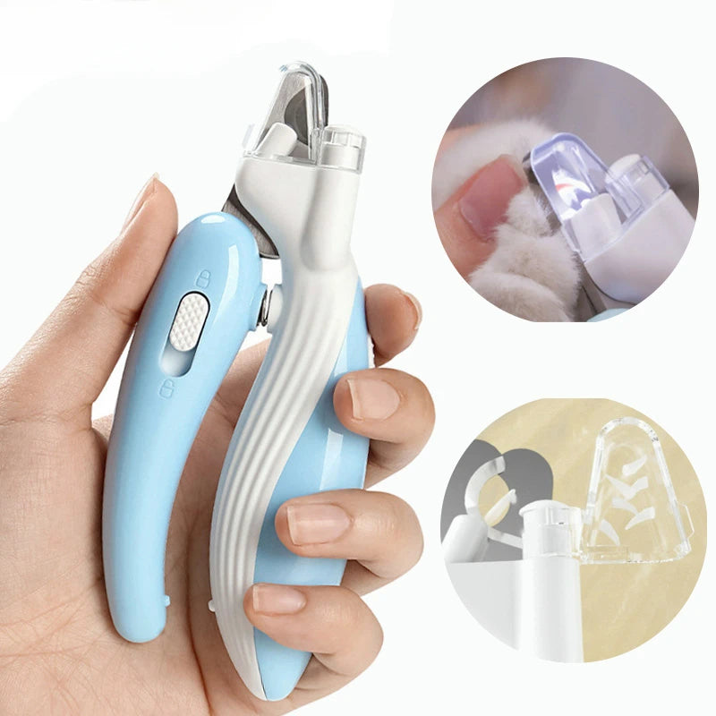 Pet nail trimmer held in a hand with close-up insets showing its use on a pet's nails.