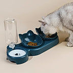 Cat using a blue pet feeder with multiple bowls on a beige surface.