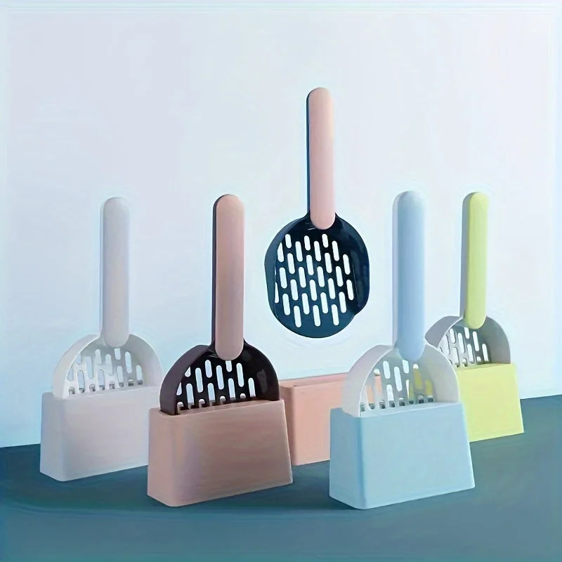 Set of colorful pet grooming tools with stands on a light blue background