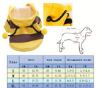 Yellow bee-themed dog hoodie with size chart and measurement guide on a white background