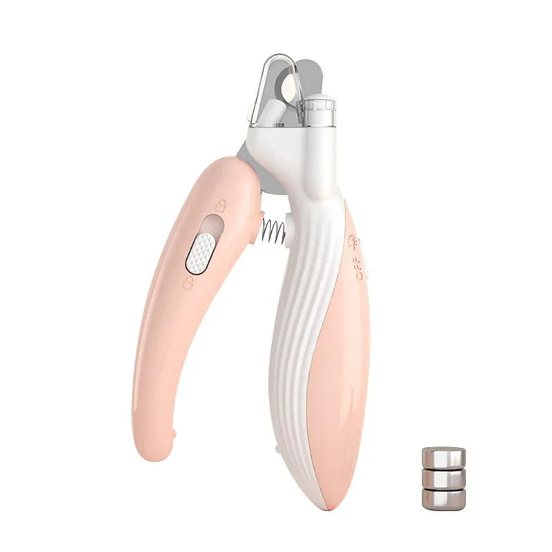 Pet nail trimmer with a pink handle and white body on a white background