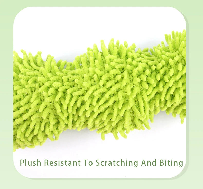 Green plush toy with text 'Plush Resistant To Scratching And Biting' on a light green background