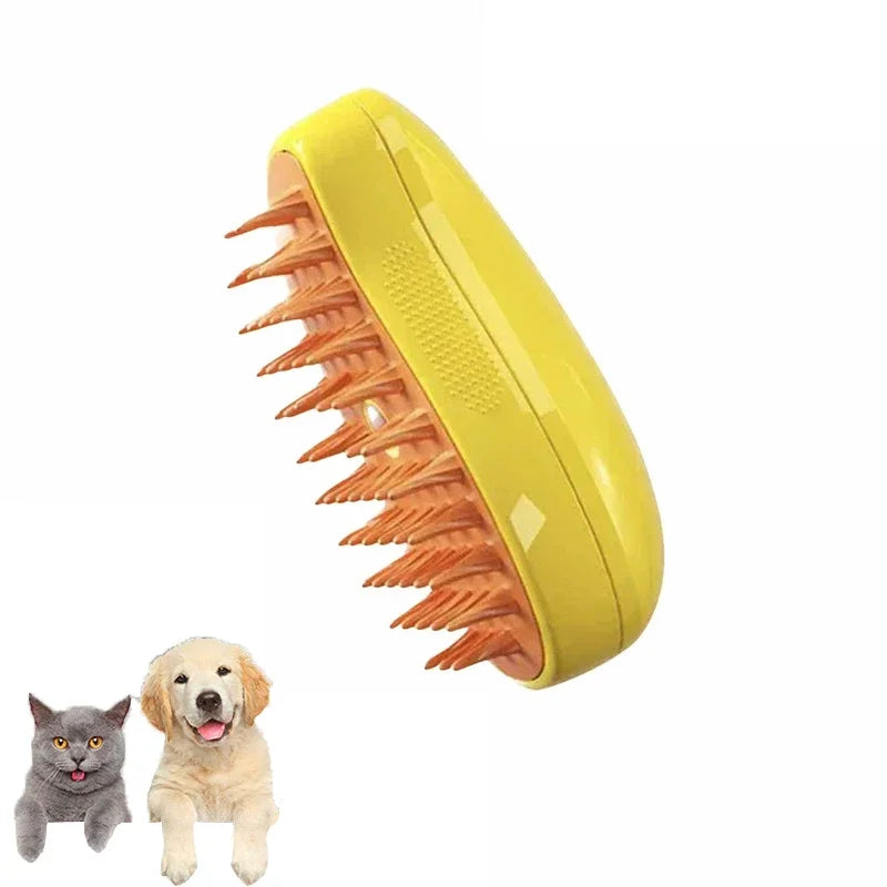Yellow pet grooming brush with two pets, a cat and a dog, on a white background.