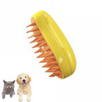 Yellow pet grooming brush with two pets, a cat and a dog, on a white background.