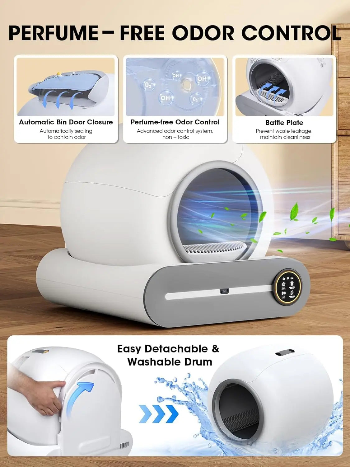 Perfume-free odor control device with features highlighted on a wooden surface.