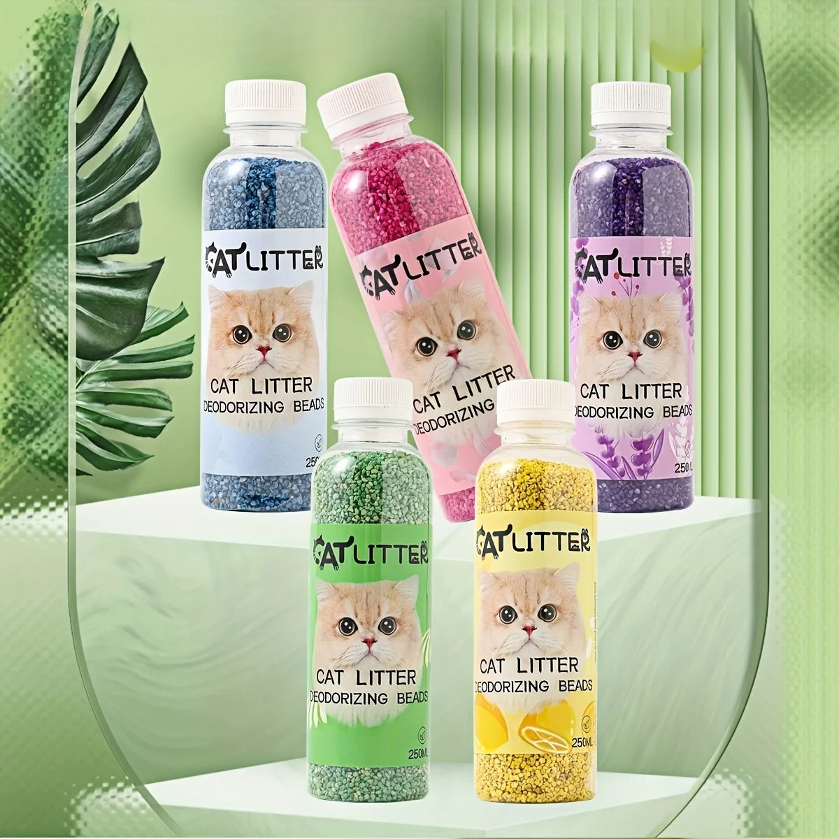 Five bottles of cat litter with colorful beads and cute cat faces on a green background