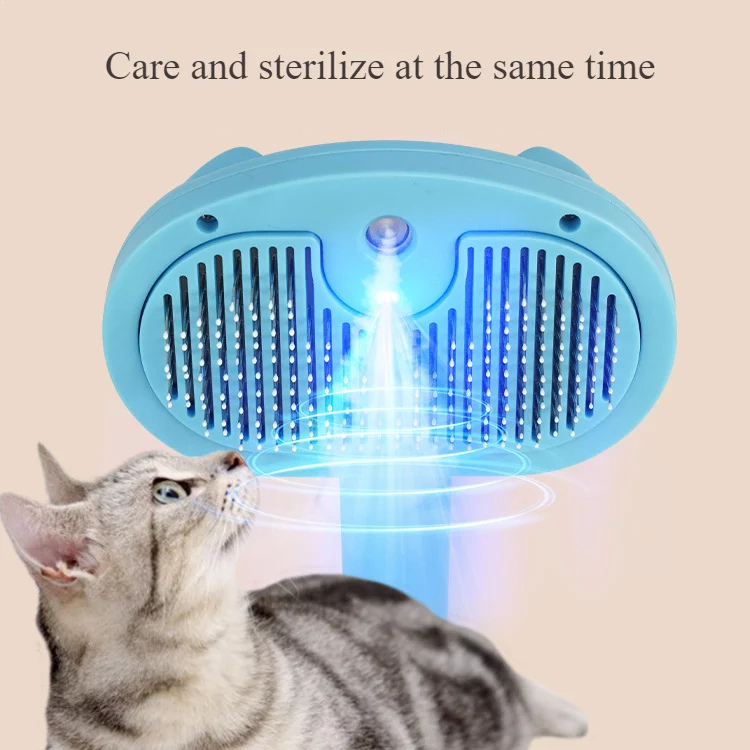 Cat using a grooming tool with text 'Care and sterilize at the same time' on a beige background