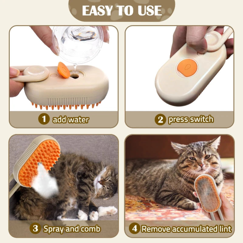 Step-by-step guide on using a pet grooming tool with images of adding water, pressing a switch, spraying and combing a cat, and removing accumulated lint.