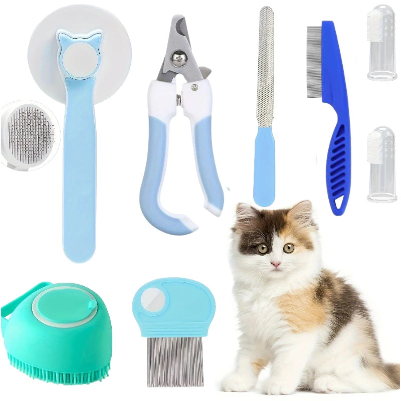 Set of pet grooming tools with a cat sitting among them on a white background