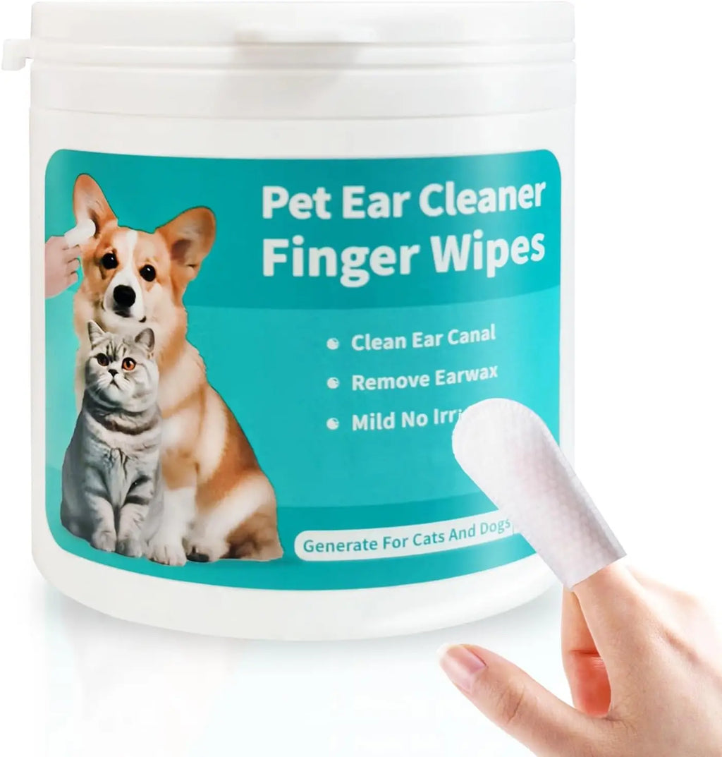 Pet ear cleaner finger wipes with a hand holding a wipe, on a white background
