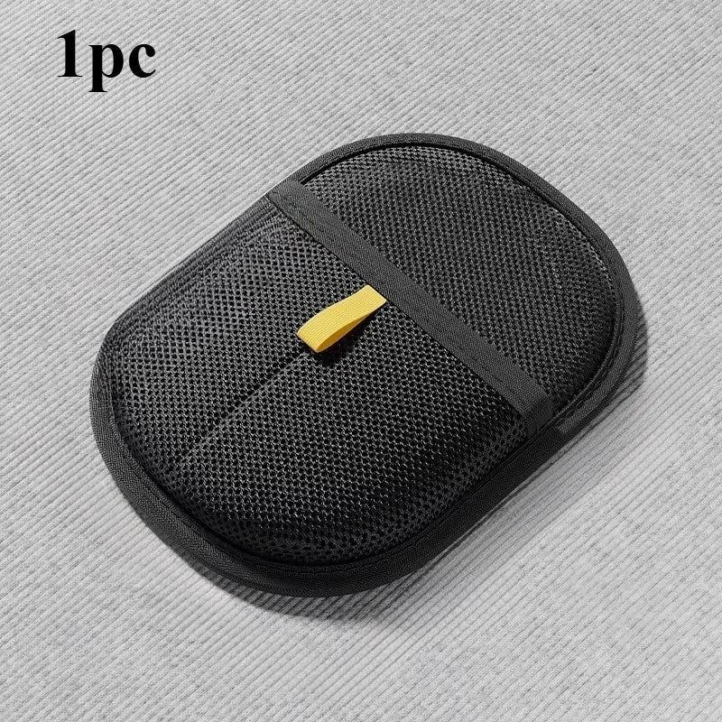 Black mesh pouch with a yellow tag on a gray background