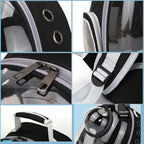 Collage of close-up details of a black and white backpack