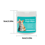 Pet ear cleaner finger wipes container with dimensions and a dog illustration on a white background