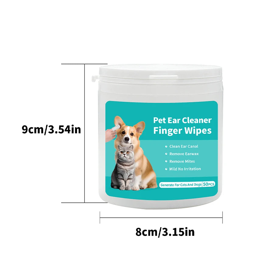 Pet ear cleaner finger wipes container with dimensions and a dog illustration on a white background