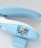 Blue and white office stapler on a light gray background