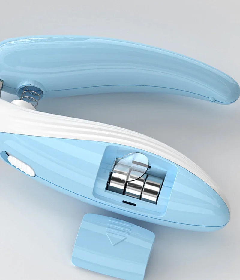 Blue and white office stapler on a light gray background
