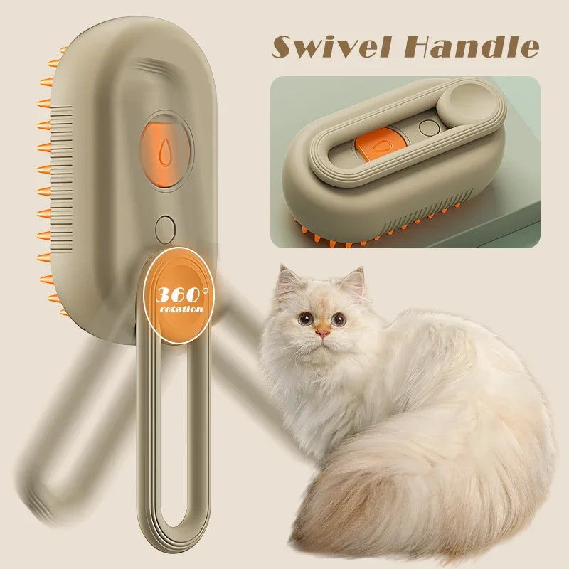 Pet grooming brush with swivel handle and cat on a beige background