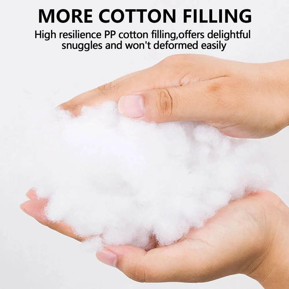 Hand holding fluffy white cotton with text about high-resilience PP cotton filling.