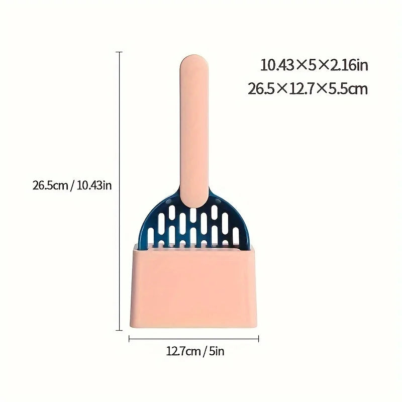 Measurement chart of a pink spatula with blue head on a white background