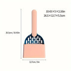 Measurement chart of a pink spatula with blue head on a white background