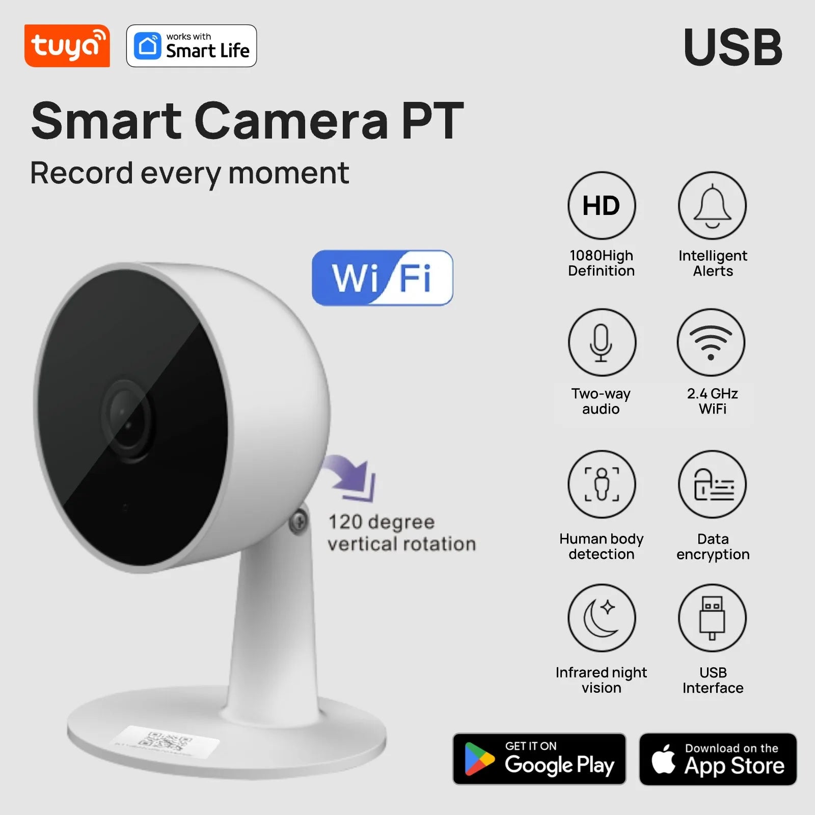 Tuya Smart Camera PT with features listed on a white background