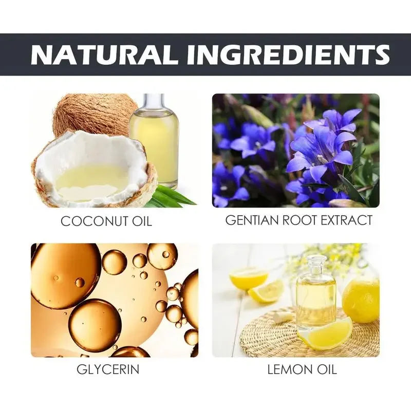 Collection of natural ingredients including coconut oil, gentian root extract, glycerin, and lemon oil with corresponding images.